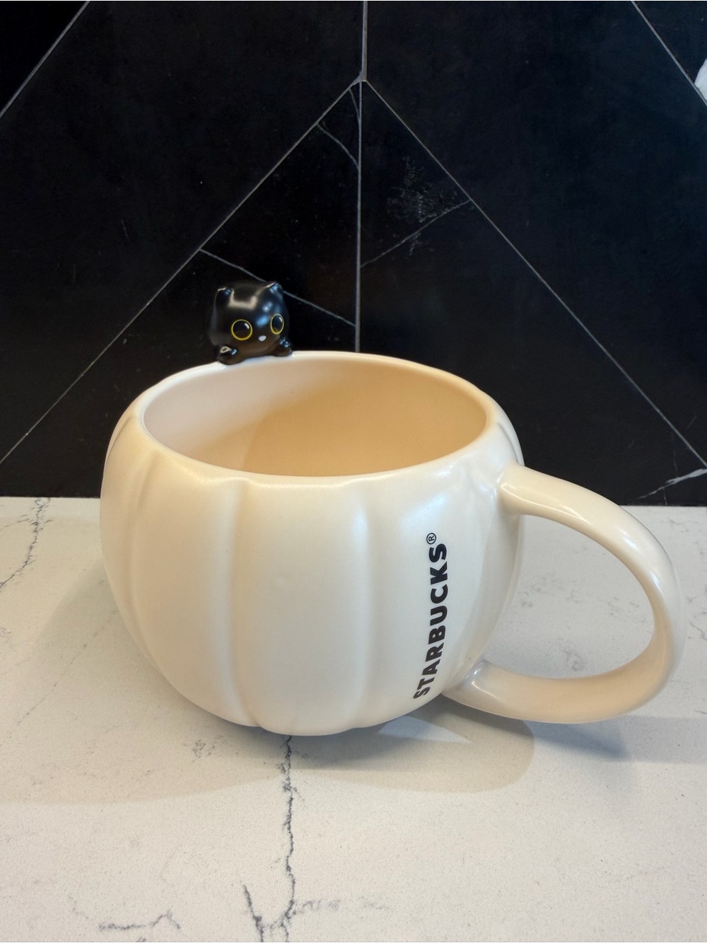 Starbucks White Pumpkin-Shaped Mug with Black Cat Halloween Coffee & Tea